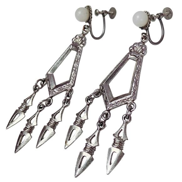 Vintage 1930s Czechoslovakia Art Deco Silver Tone Chandelier Screw Back Earrings - Picture 1 of 12